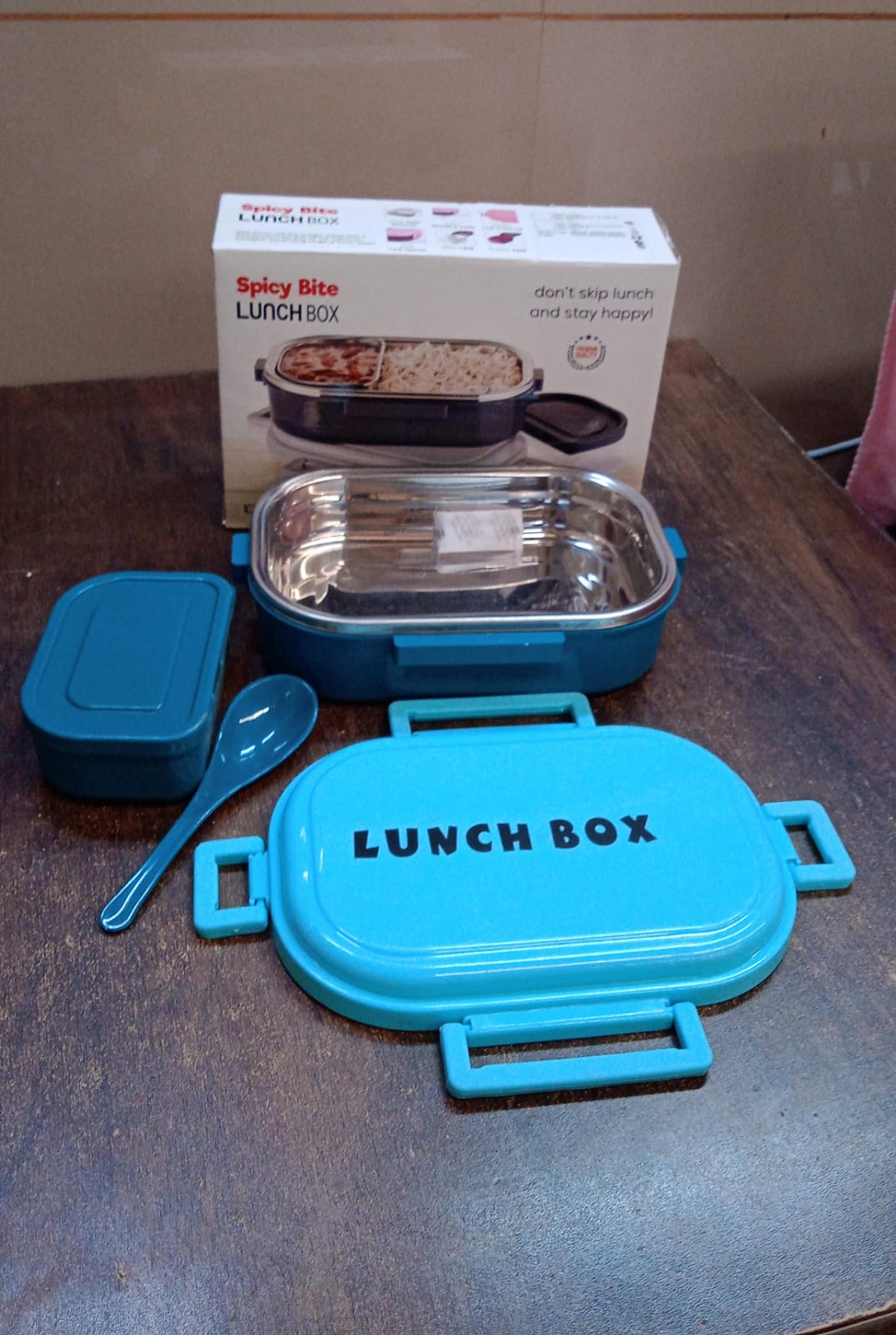 3 In 1 Spicy Bite Stainless Steel Lunch Box With Plastic Small Box Spoon (1 Set)