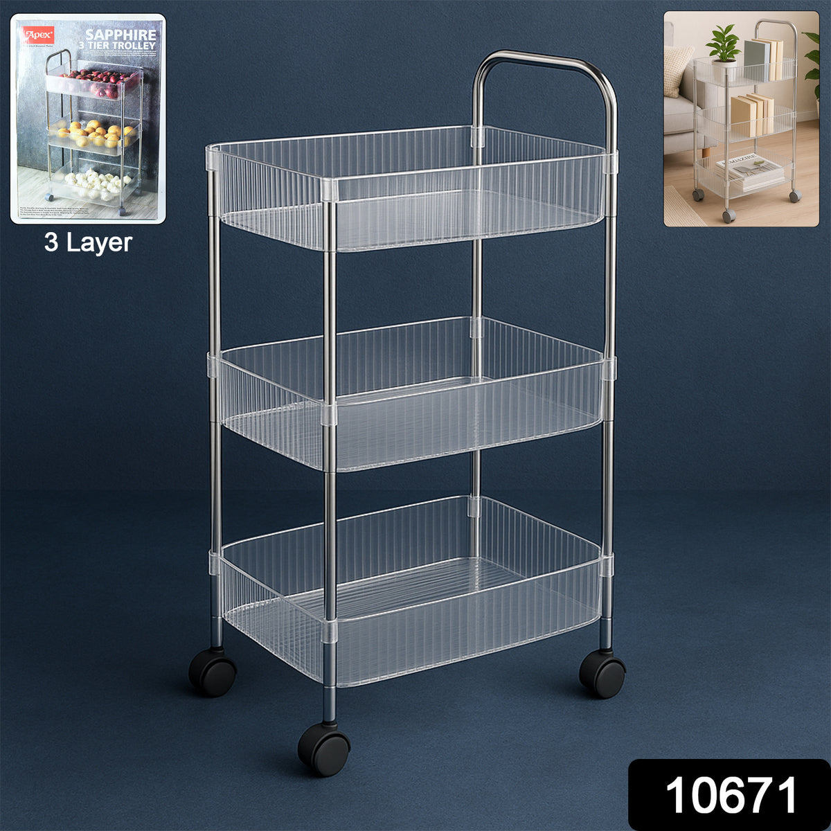 Apex Sapphire 3-layer Multipurpose Storage Trolley With Wheels
