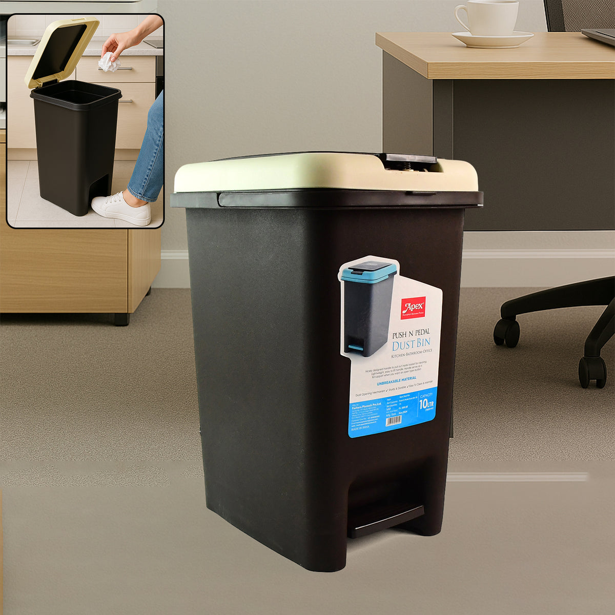 Apex Push N Pedal Plastic Dustbin 10l Capacity (1 Pc)